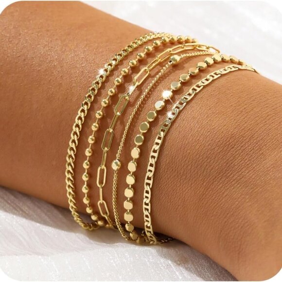 14K Gold Bracelets Set Women's Stackable Water-Resistant 6-Piece Jewelry - Picture 1 of 9